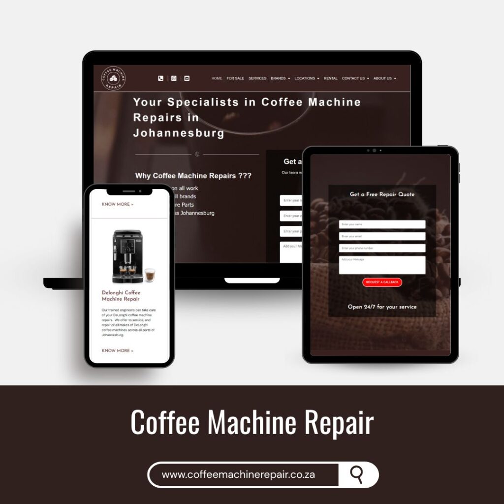 Coffee Machine Repair website showing responsive desktop and mobile design optimised for service enquiries