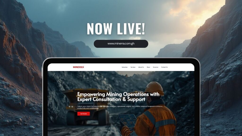 Minerra Ghana mining consultation website redesign showing responsive desktop and mobile layout