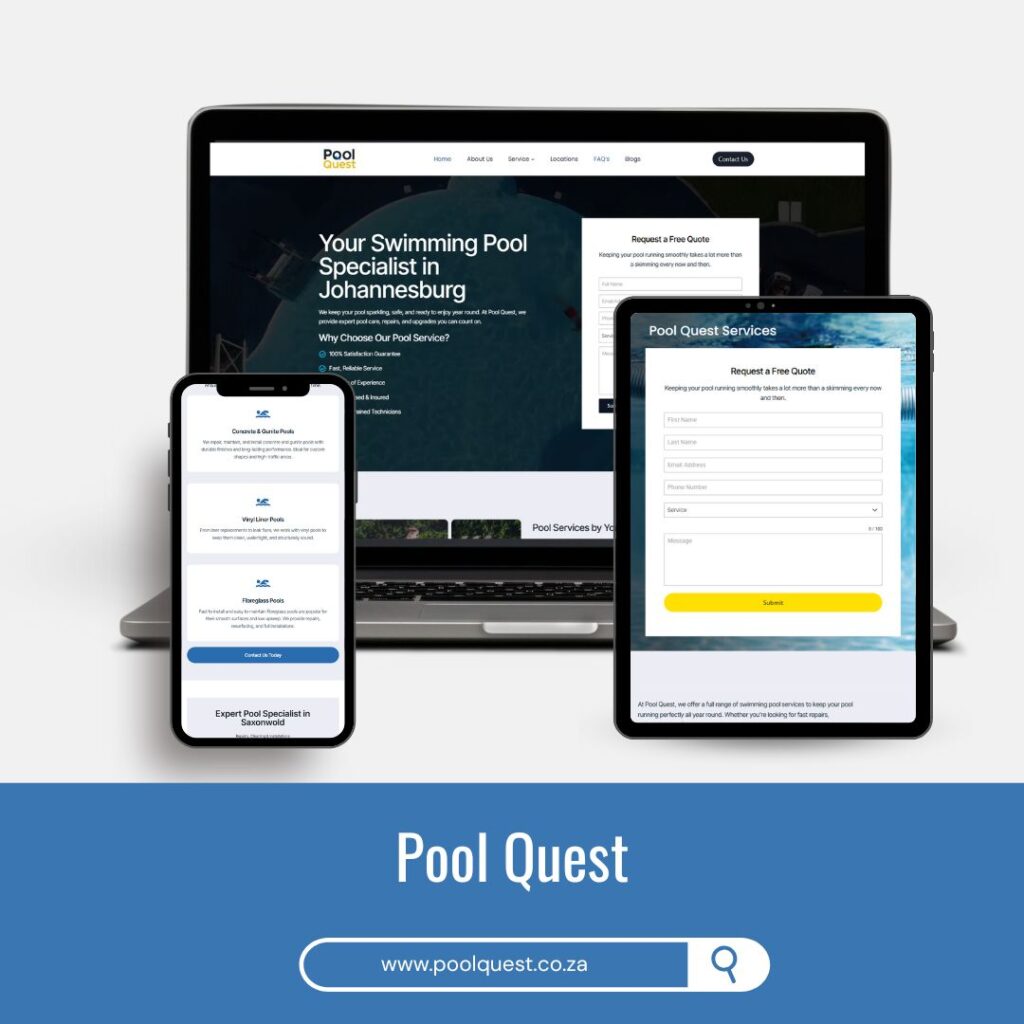 Pool Quest website showing responsive desktop and mobile design for pool repair and maintenance services